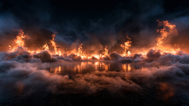 Dramatic Fire and Dense Smoke Burning Against Dark Background