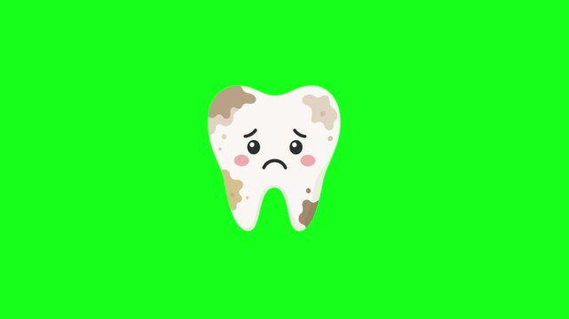 Toothache animated sad dirty tooth character shaking and shivering in distress 4k chroma key green screen background