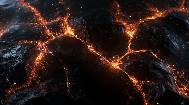 Glowing Lava Flowing Through Cracked Dark Rock Surface