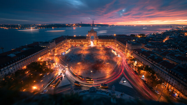 Aerial View of Praca do Comercio at Dusk in Lisbon