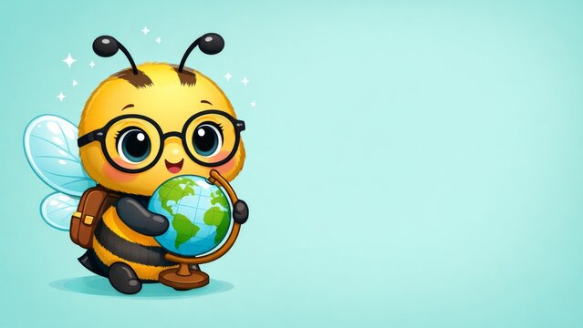 Cute bee holding a globe cartoon education background with glasses and backpack for kids poster and learning design