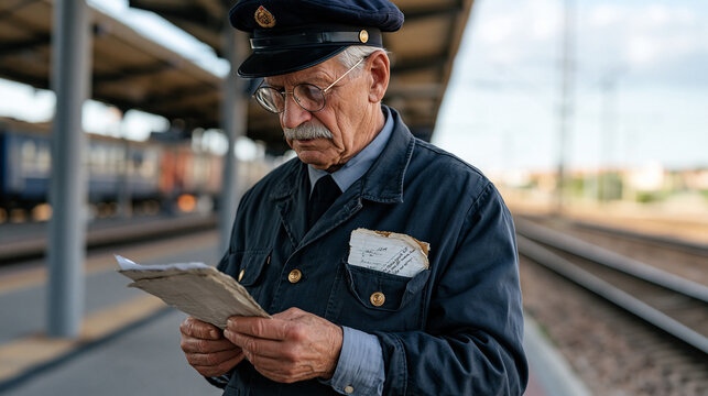 Weathered elderly ticket inspector in overcast dramatic light standing at a rural train platform alone reviewing a tattered retirement savings ledger tucked inside a worn uniform jacket with grey cl