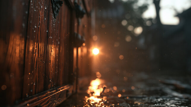 Raindrops on Wooden Fence Glowing in Golden Hour Sunlight