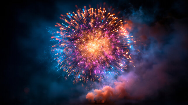 Bright Colorful Fireworks Bursting in Night Sky