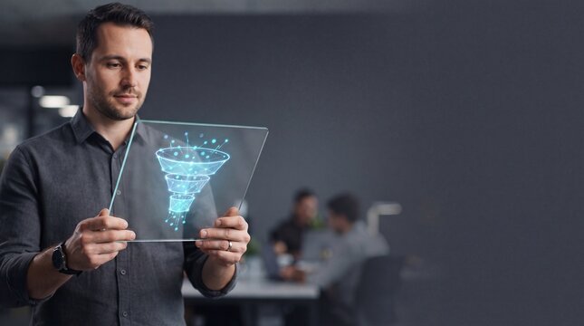 Man in a grey shirt holding a transparent glass tablet displaying a glowing blue digital ad social media download thambnail poster web template event festival 2026 2027 2028