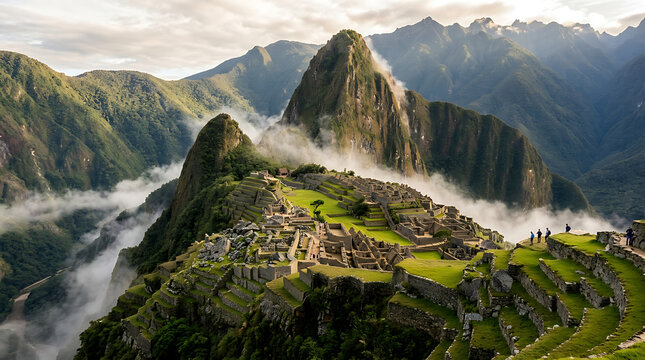 Panoramic view of the ancient Inca city of Machu Picchu, Peru, with dramatic mountains and swirling mist at sunrise.
