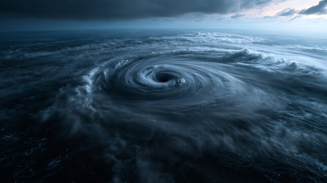Aerial View of Massive Hurricane Swirling Over Ocean