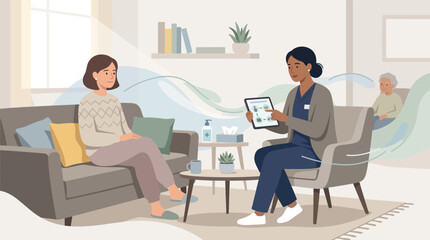 Fototapeta premium Mental health professional with patient discussing therapy on tablet, abstract waves