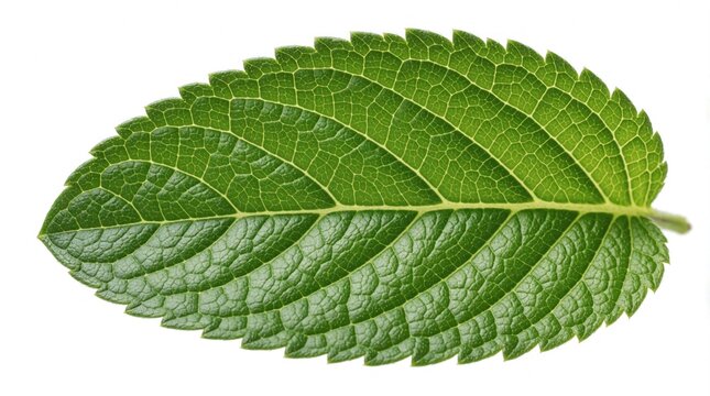 Close-up detailed view of a single fresh green mint leaf showing intricate veining and texture. Isolated on a clean white background, it represents natural ingredients and healthy eating options.