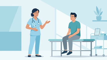 Fototapeta premium Doctor talking to patient in clinic, medical consultation, healthcare scene