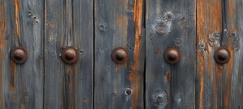 Rustic weathered barn wood background with iron bolt heads, close up vintage timber wall textured