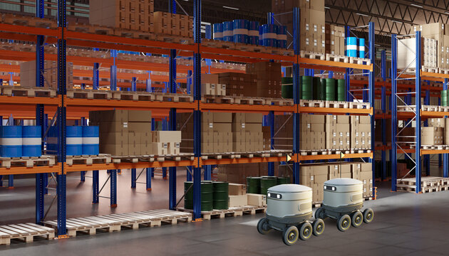 Warehouse automation. Autonomous mobile robots transport goods and pallets between storage racks, supporting automated logistics and inventory handling.
