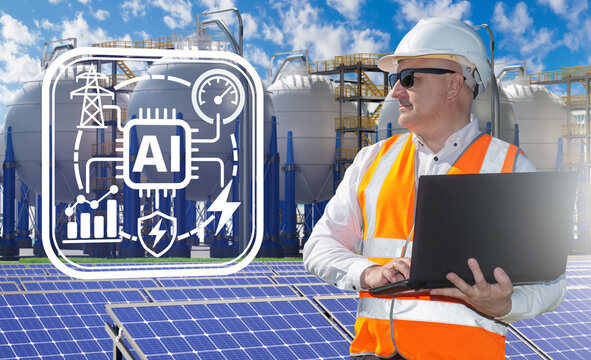 Renewable energy management. Engineer uses AI to monitor solar power generation, energy storage, electrical grid performance and industrial equipment.