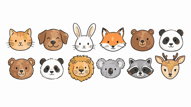 Cute animal face icons, 12 cartoon animal head illustrations, flat vector wildlife and pet avatars for kids branding