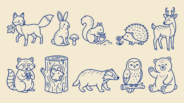 Hand-drawn woodland animal icons, blue line art forest creatures set, minimalist wildlife vector illustrations for nursery decor