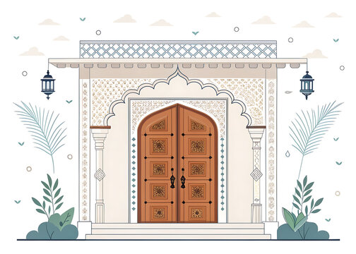 Traditional Indian courtyard entrance with ornamental wooden doors and carved lintel, modern minimal vector style, clean geometric shapes