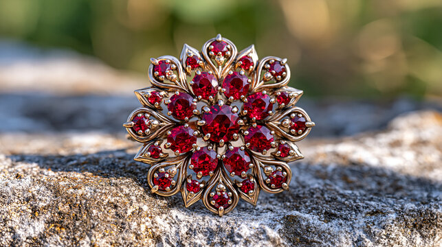 A single antique ruby brooch resting on dry fieldstone in a quiet pastoral valley, morning light catching facets, rural estate background, immigration document forms partially visible beside it, hei