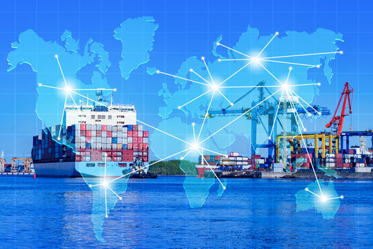 Global maritime logistics. Container ships and cargo ports connect international trade routes, supporting worldwide freight transport, shipping and supply chains.
