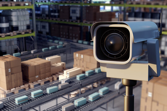 Warehouse security. Surveillance camera monitors automated conveyor lines, packages and stored goods in a logistics distribution center 3D image