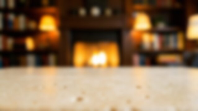 empty stone table with blurred cozy fireplace background for product