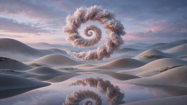 Surreal Spiral Cloud Formation Over Desert Landscape Reflection.