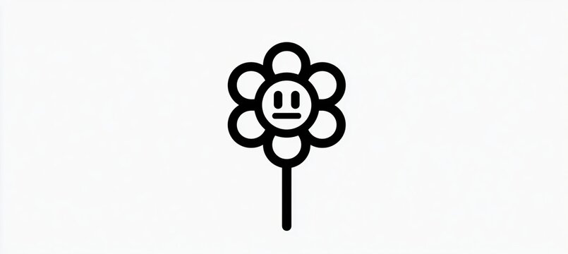 Black Outline Illustration of a Simple Cartoon Flower with an Expression on Clean White Background.