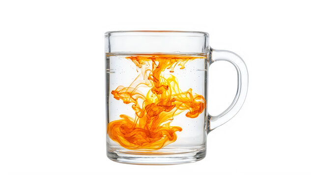 Clear glass mug with vibrant orange liquid swirl design isolated background transparent background