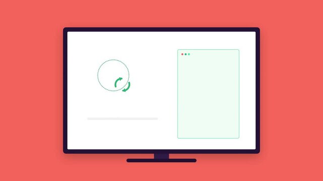 Flat design animation of computer monitor with sync progress bar and cloud upload on orange background for technology concept