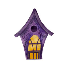 Halloween haunted house with glowing window, hand painted purple gothic illustration isolated on white. Spooky fantasy element for autumn decor, invitations, posters and seasonal design.