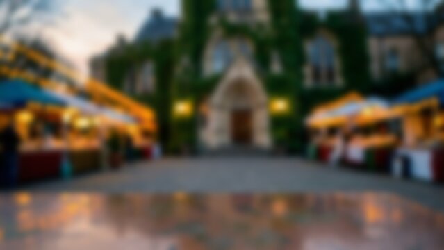 Blurred evening market background with empty table for festive