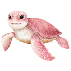 Naklejka premium Cute baby pink sea turtle swimming turned three-quarter view watercolor style illustration isolated on a white background.