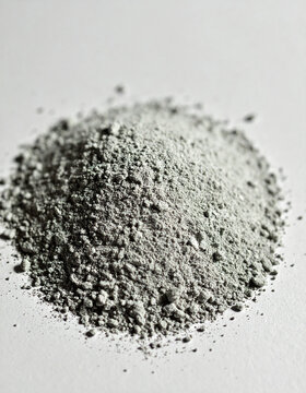 Fine gray cement powder with soft granular texture, dry construction material on clean neutral surface, industrial building-material concept. Close-up.
