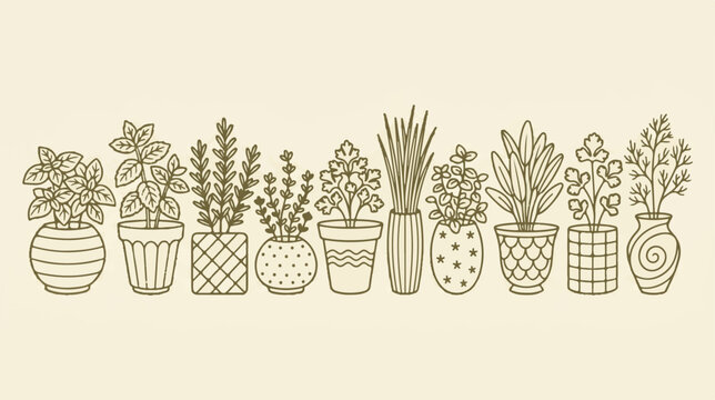 Minimalist line art potted herbs, collection of 10 botanical houseplant illustrations, vintage style garden herb vector set