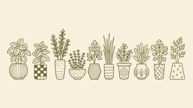 Minimalist line art potted plants, set of 11 hand drawn botanical icons. Modern houseplant vector illustrations for interior design and branding.