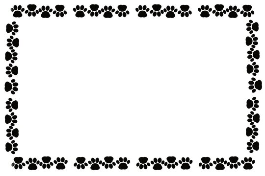 Black paw print silhouette frame with generous negative space in the center, ideal for pet-themed posters, websites, flyers, printable designs, signs, invitations, labels, and promotional materials.