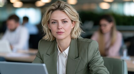 Fototapeta premium A professional businesswoman with blonde hair, wearing a green blazer, looks directly at the camera with a confident expression. She is sitting at a desk with a laptop in front of her.