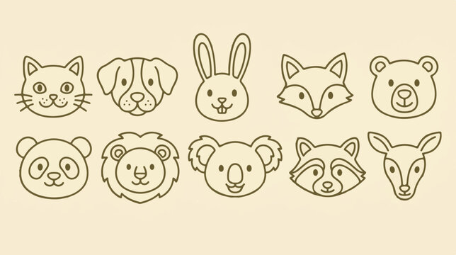 Minimalist animal line icons, set of 10 cute pet and wildlife avatars, brown thin stroke vector illustrations for kids branding