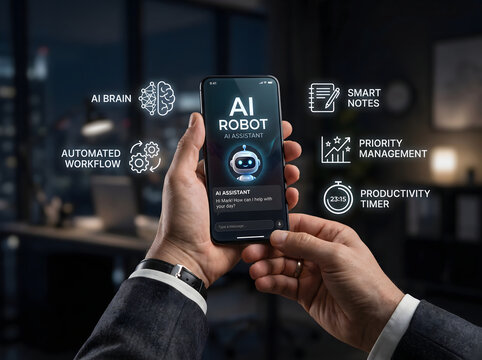 Businessman holding smartphone with AI assistant application displaying automated workflow productivity timer and priority management icons in office