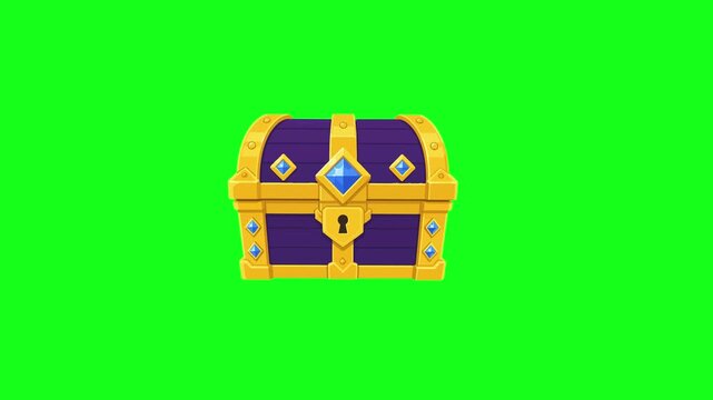 Treasure chest animated closed royal purple chest with glowing gem sparkling 4k chroma key green screen background
