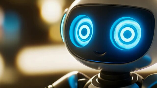 Blue-lit eyes glow softly on a futuristic robot head. Warm bokeh lights frame the robot's friendly expression. Smooth curves define its sleek, modern design. Gentle smile suggests approachability