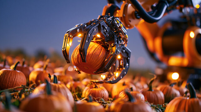Close up single detail of an agricultural harvesting robot claw suspended at twilight blue hour above a row of ripe pumpkins, the metal gripper frozen mid action against a deep indigo sky, field fog