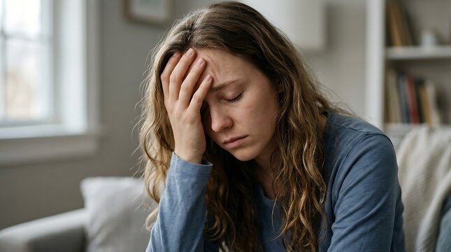 Young woman suffering from a headache at home