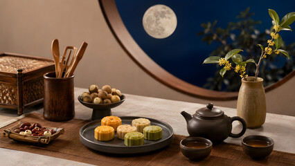 Fototapeta premium Mooncakes and Chinese Tea Under Full Moon for Mid Autumn Festival