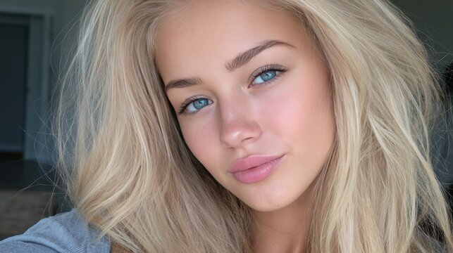 Portrait of a young woman with striking blue eyes and long blonde hair, exuding a natural and youthful beauty