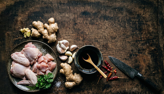 Asian rustic culinary layout with raw poultry ginger and soy sauce with copy space