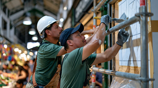 International wallpapering crew hanging a bold geometric pattern in a bustling covered market stall, scaffolding threading between vendor tables, crowds weaving below, urban renovation, skilled trad