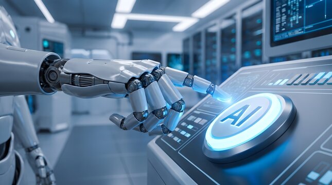 Robot hand pressing glowing AI button on high tech control panel