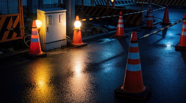 Orange traffic cones and lights mark a wet road at a construction site at night. Barriers and reflections create an urban infrastructure scene.