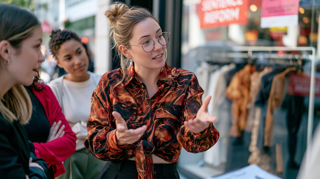 Personal stylist directing a diverse group of assistants around a client in front of a busy downtown boutique window display, autumn fashion pieces on rails, sentencing reform protest banner visible