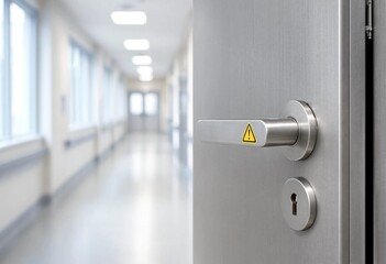 Naklejka premium Fire rated emergency exit door with panic bar and inspection tags in hospital corridor, representing fire safety, accessibility, security, protection, and compliance.